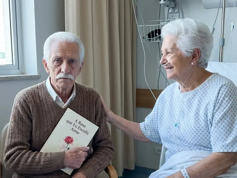 Chico, sentado ao lado do leito, segura o livro A Rosa que Eu Escolhi Amar; Rosa, sentada na cama de hospital, sorri e toca o braço dele.