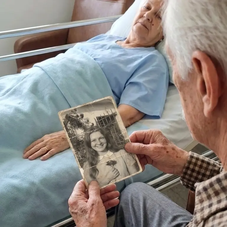 Chico segura um retrato antigo em preto e branco de uma jovem sorrindo com uma flor; ao fundo, Rosa deitada em uma cama de hospital.