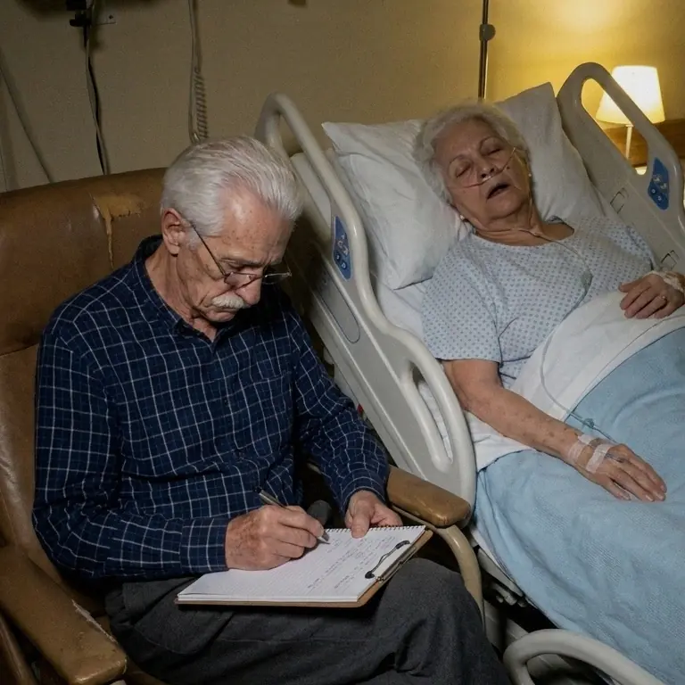 Chico, de óculos, escreve em um caderno sentado em uma poltrona ao lado do leito; Rosa dorme na cama de hospital, com a luz do abajur acesa.